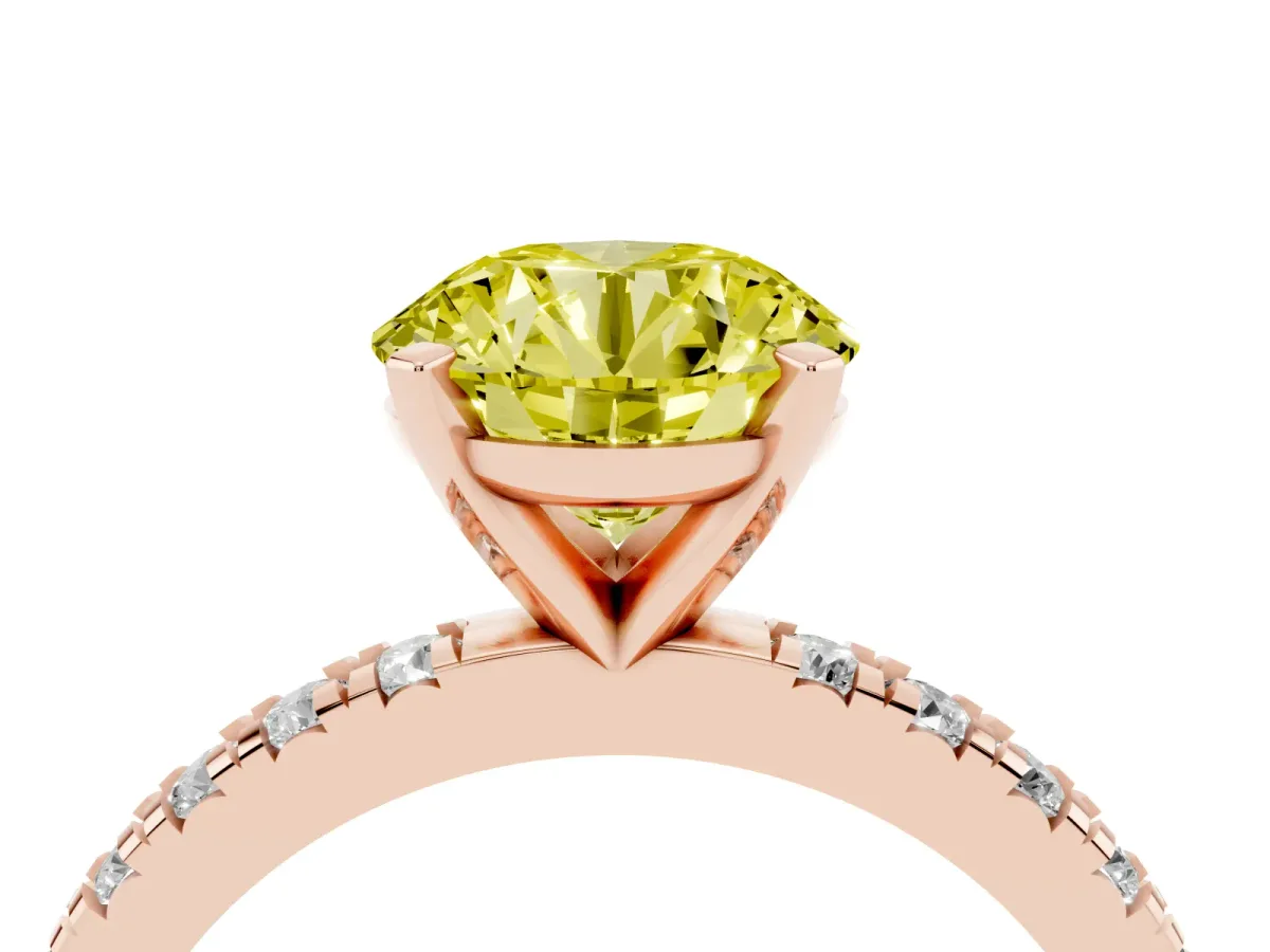 Fancy Yellow Round Cut Diamond Pavé Band Solitaire with Four-Prong Setting Rose gold