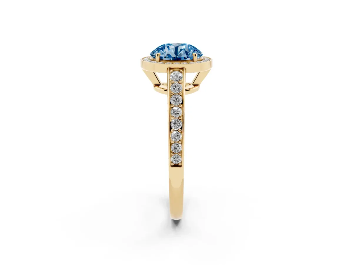 Fancy Blue Round Cut Halo Pavé Diamond Engagement Ring with Bezel Setting Yellow gold