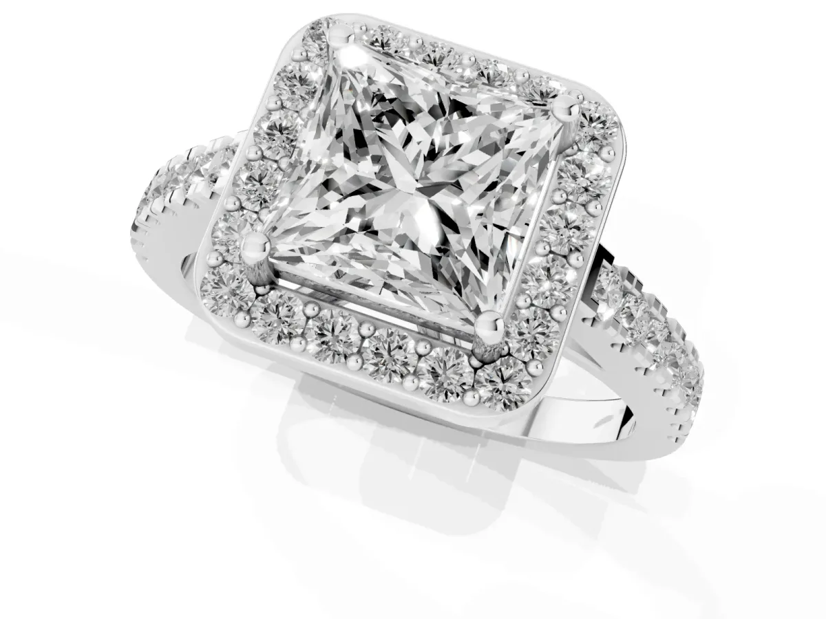 Princess Cut Diamond Halo Ring with Round Pavé Split Shank and Prong Setting Silver