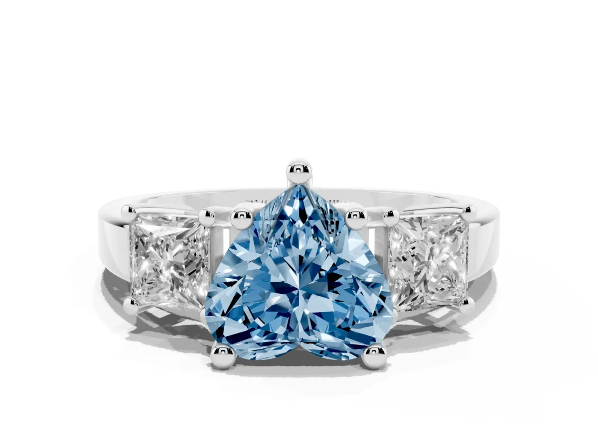 Fancy Blue Three-Stone Heart Cut Cut Solitaire Ring with Prong Setting Silver