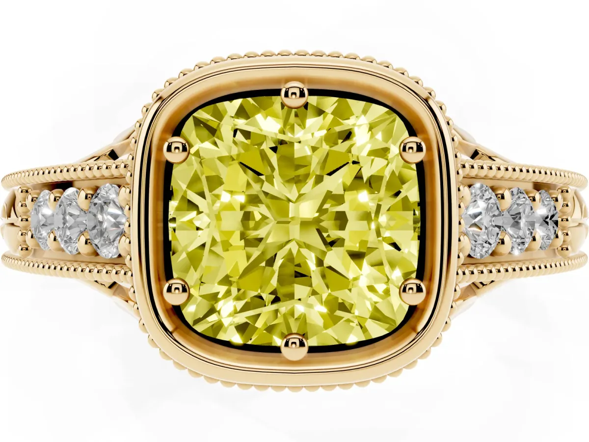 Fancy Yellow Bezel Set Cushion Cut Diamond Milgrain Pave Engagement Ring Yellow gold