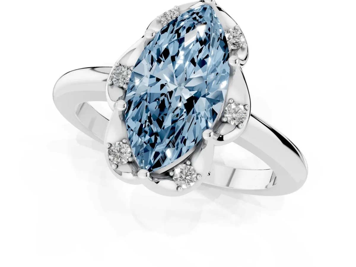 Fancy Blue Marquise Cut Halo Diamond Ring with Round Cluster Setting, Solitaire Band, and Four-Prong Setting Platinum