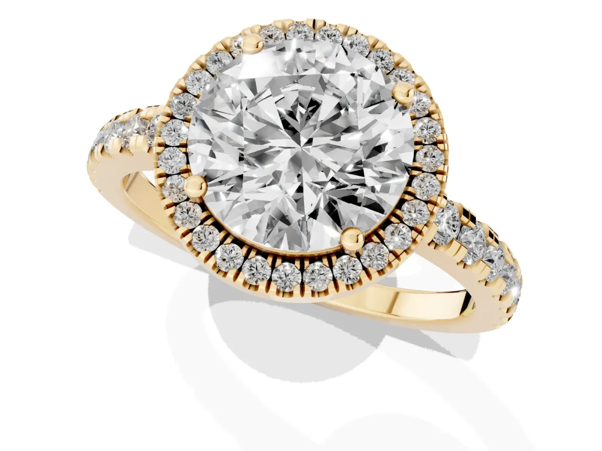 Round Cut Diamond Halo Ring with Pavé Band and Four-Prong Setting Yellow gold