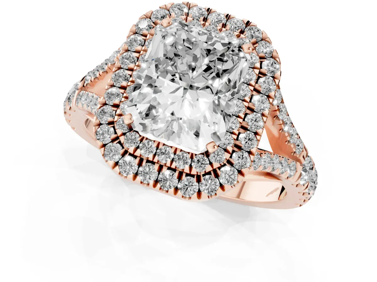 Radiant Cut Cut Double Halo Split Shank Diamond Ring with Prong Setting Rose gold