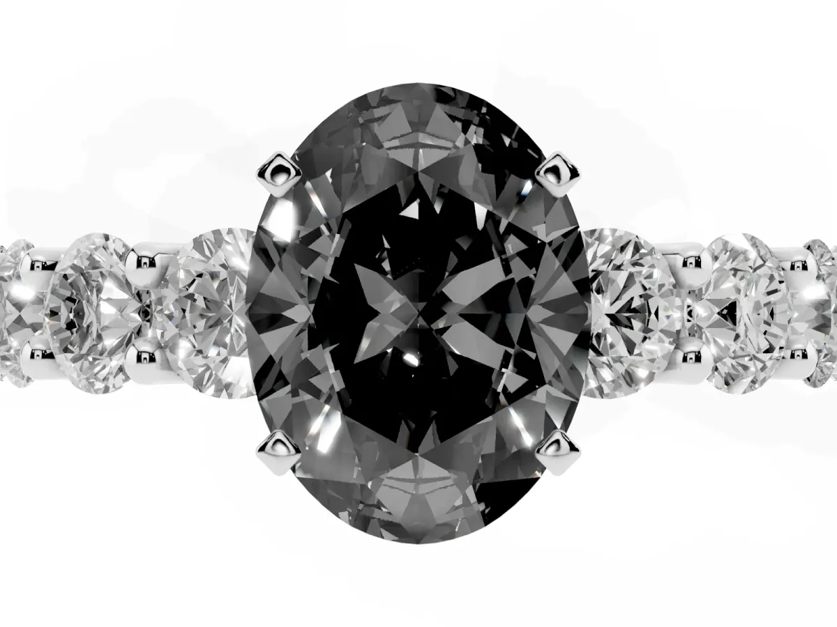 Fancy Black Oval Cut Diamond Prong Setting with Side Stones on a Pave Band Silver