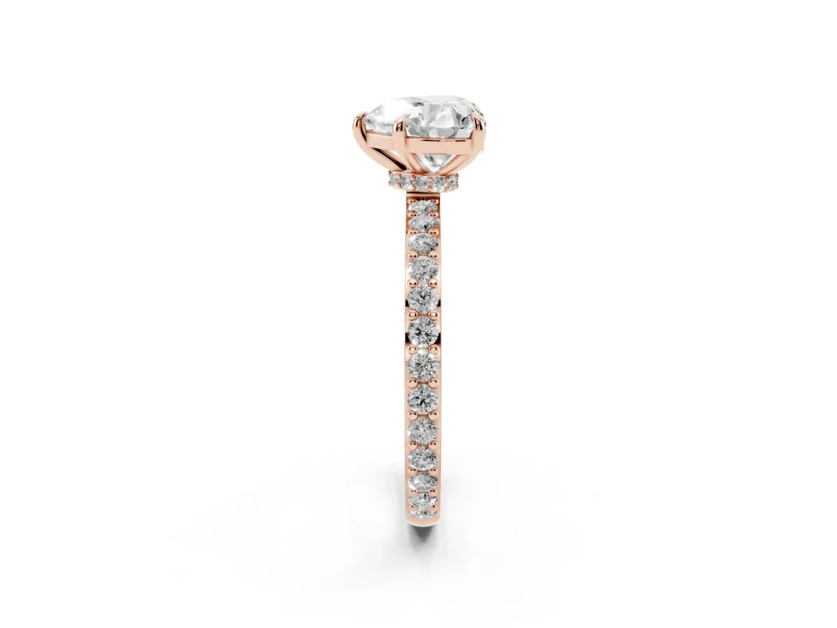 Heart Cut Diamond Pavé Engagement Ring with Round Accents and Prong Setting Rose gold