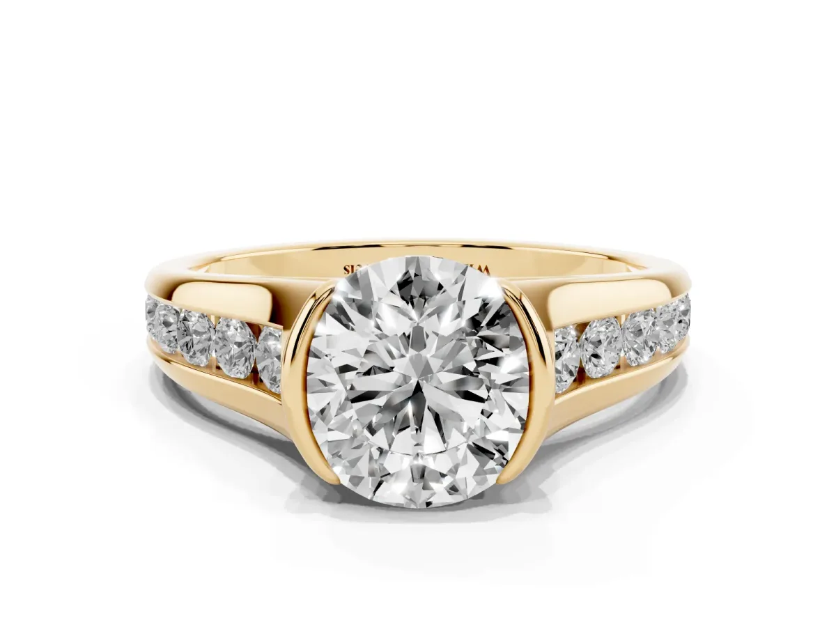 Round Cut Solitaire Bezel-Set Diamond Ring with Channel-Set Band Yellow gold