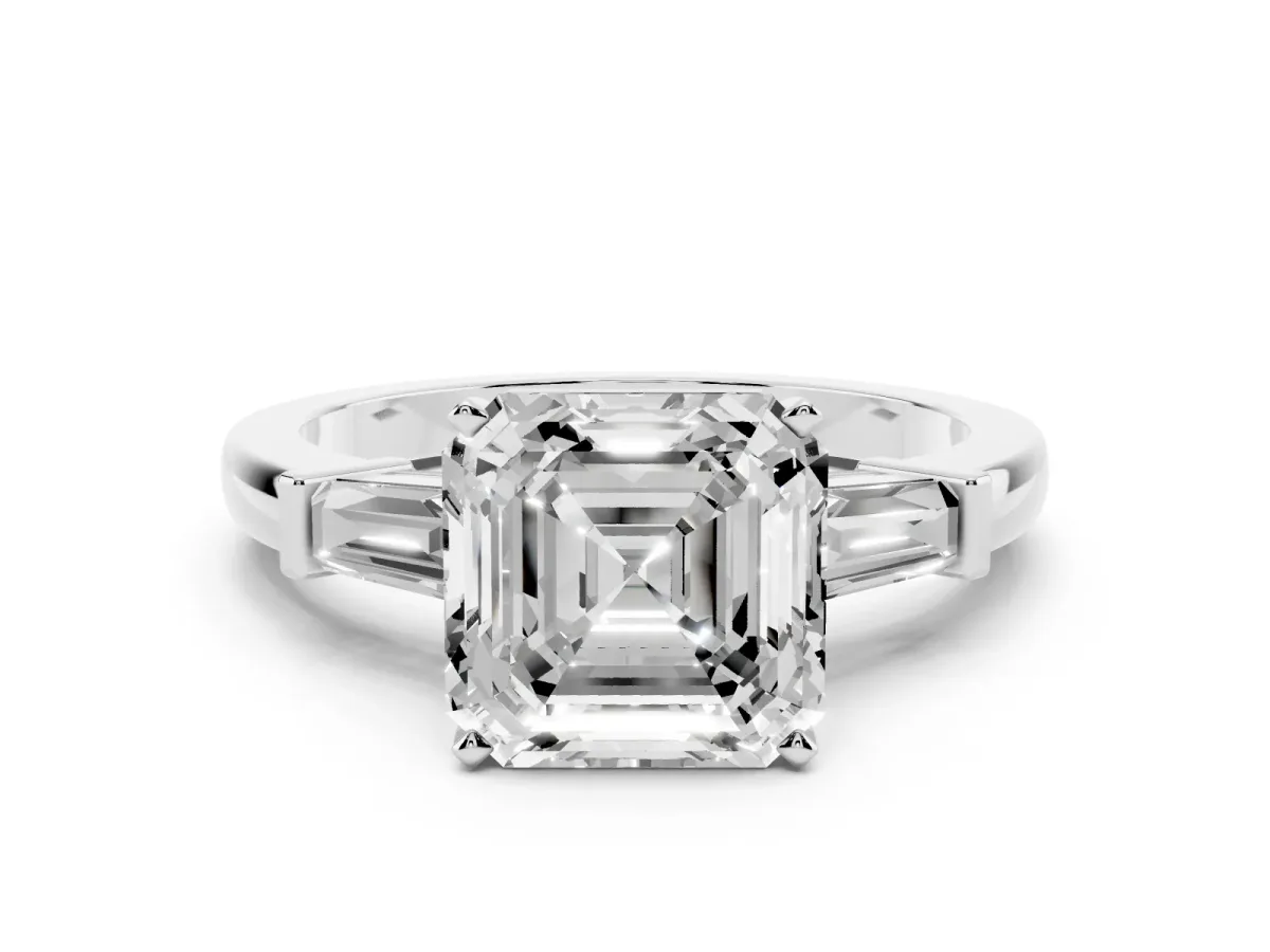 Asscher Cut Cut Diamond Solitaire Ring with Tapered Baguette Accents and Four-Prong Setting Platinum