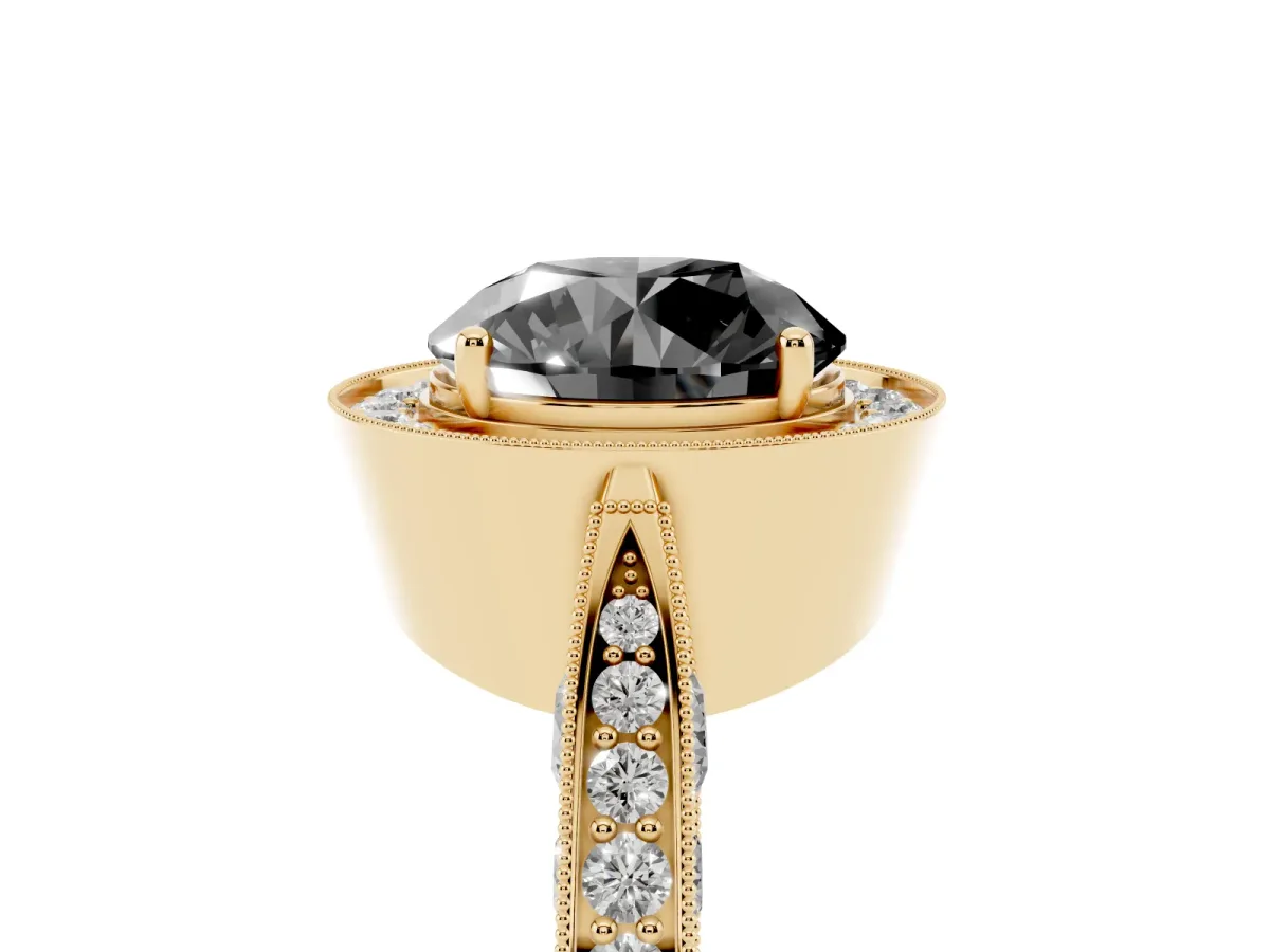 Fancy Black Round Cut Halo Diamond Engagement Ring with Split Shank Band and Four-Prong Setting Yellow gold