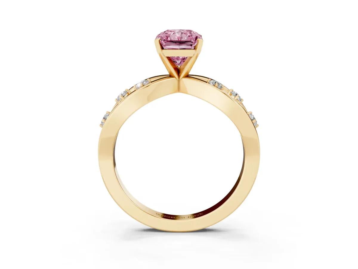 Fancy Pink Radiant Cut Cut Solitaire Diamond with Side Stones on Criss-Cross Band and Four-Prong Setting Yellow gold