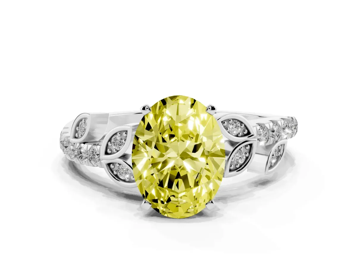 Fancy Yellow Oval Cut Solitaire Leaf-Inspired Diamond Ring with Pavé Band and Four-Prong Setting Silver