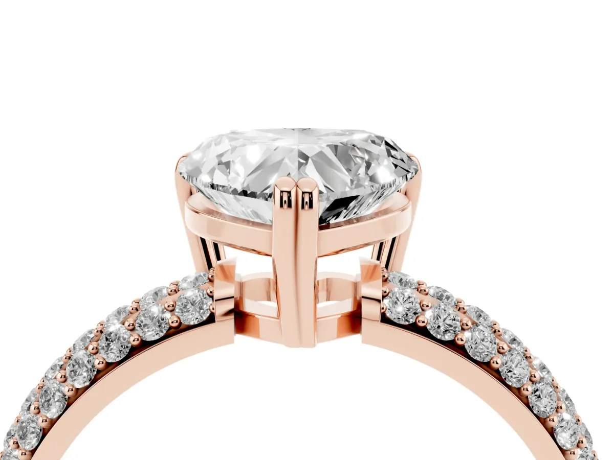 Heart Cut Diamond Solitaire Ring with Multi-Row Round Pavé Band and Prong Setting Rose gold