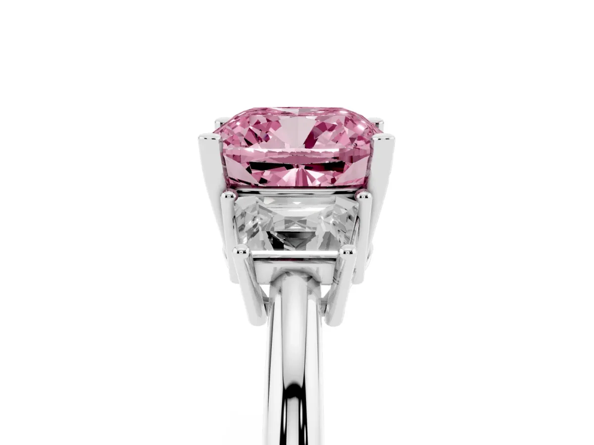 Fancy Pink Cushion Cut Diamond Three-Stone Ring with Trapezoid Side Stones and Prong Setting Platinum