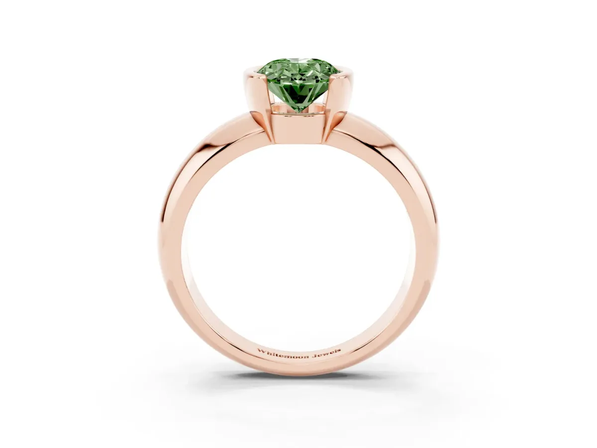 Fancy Green Oval Cut Solitaire Tension Set Diamond Ring with Wide Band Rose gold