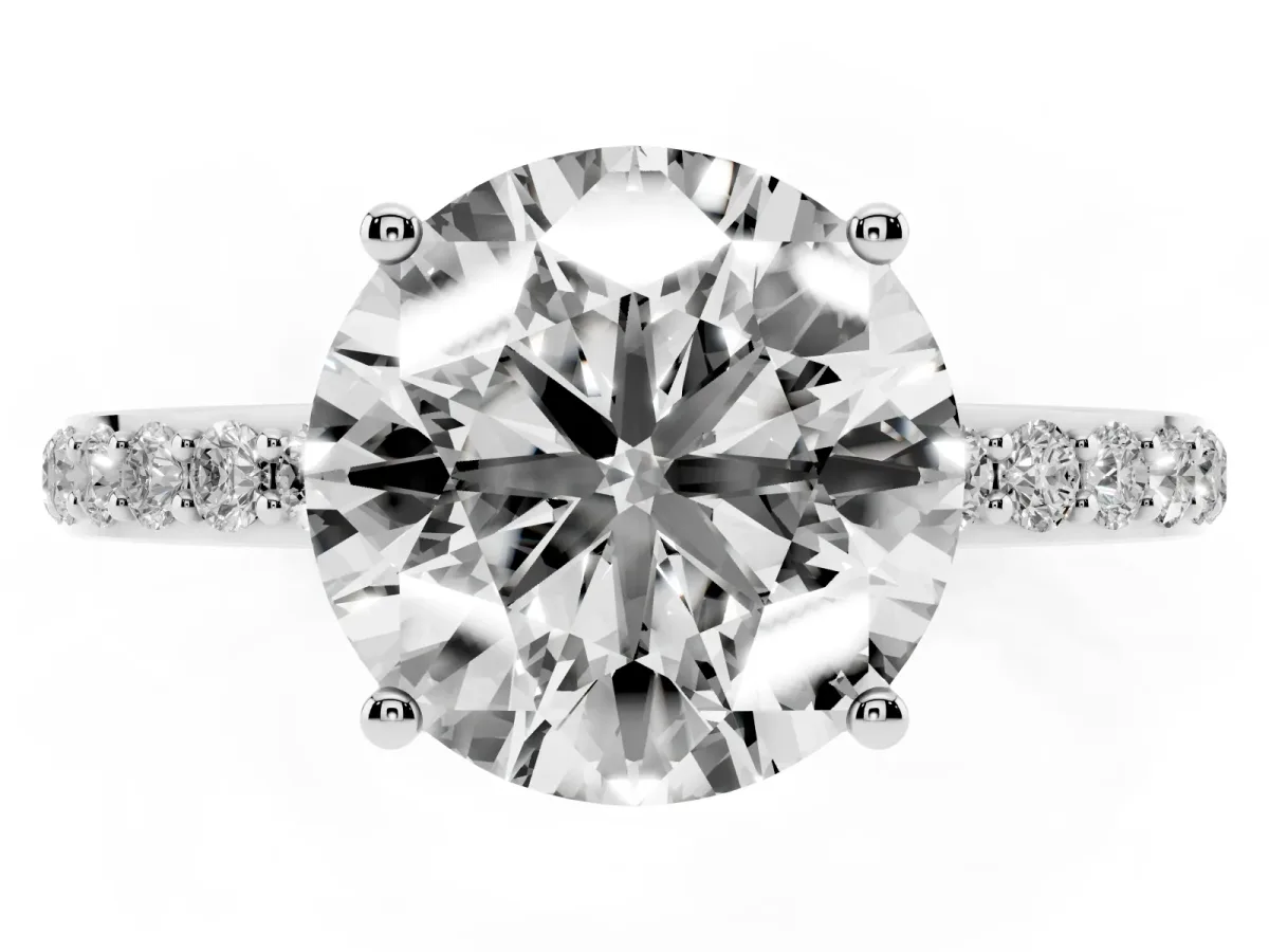 Round Cut Diamond Solitaire Ring with Pavé Band and Hidden Halo Platinum