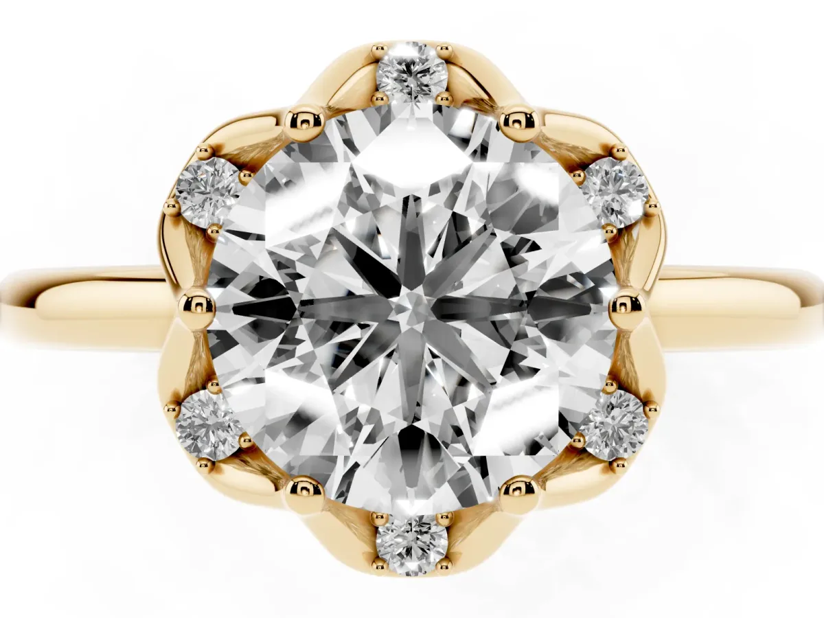 Round Cut Halo Diamond Ring with Round Cluster Setting, Solitaire Band, and Four-Prong Setting Yellow gold