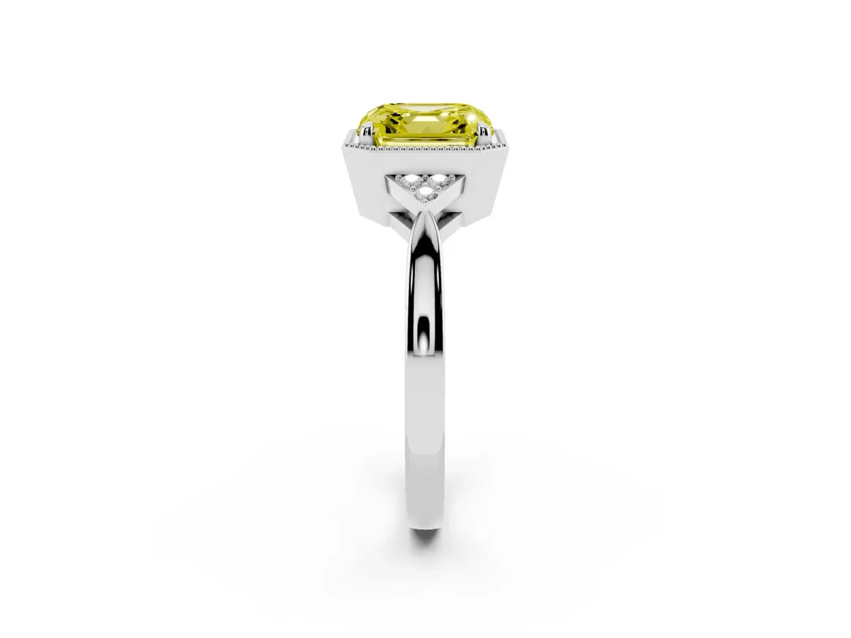 Fancy Yellow Hexagonal Halo Asscher Cut Diamond Solitaire with Pavé Band and Four-Prong Setting Platinum