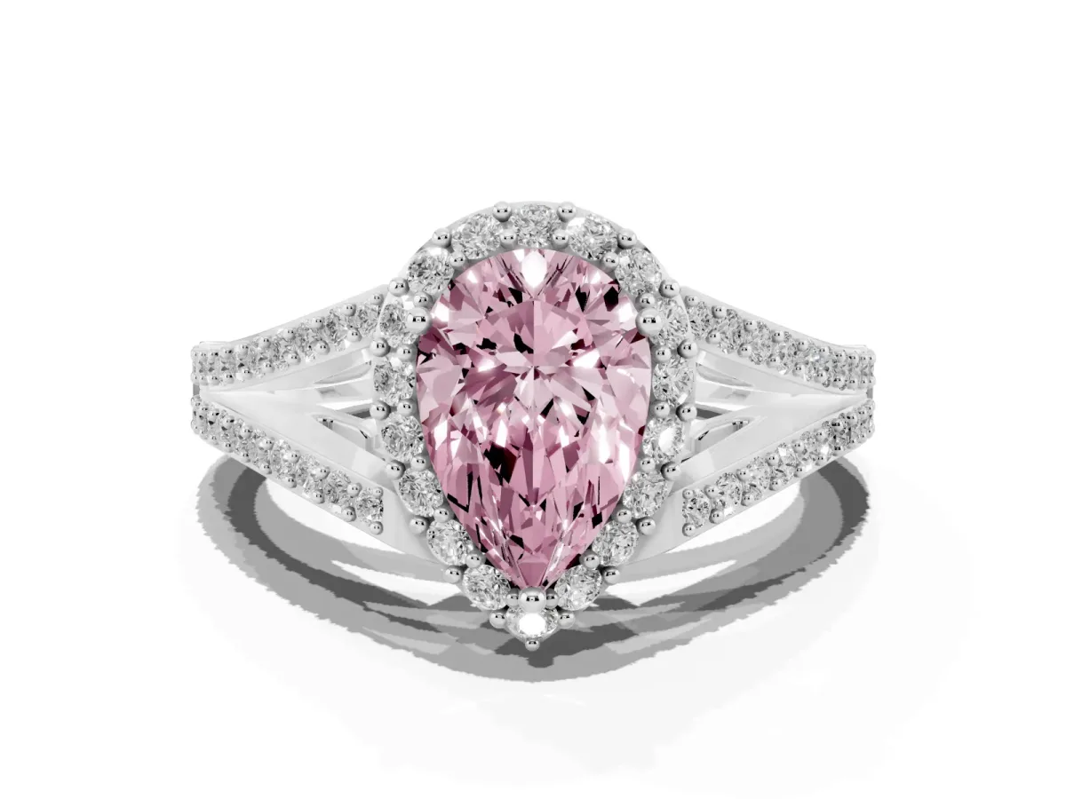 Fancy Pink Pear Cut Halo Split Shank Pave Diamond Ring with Four-Prong Setting Platinum