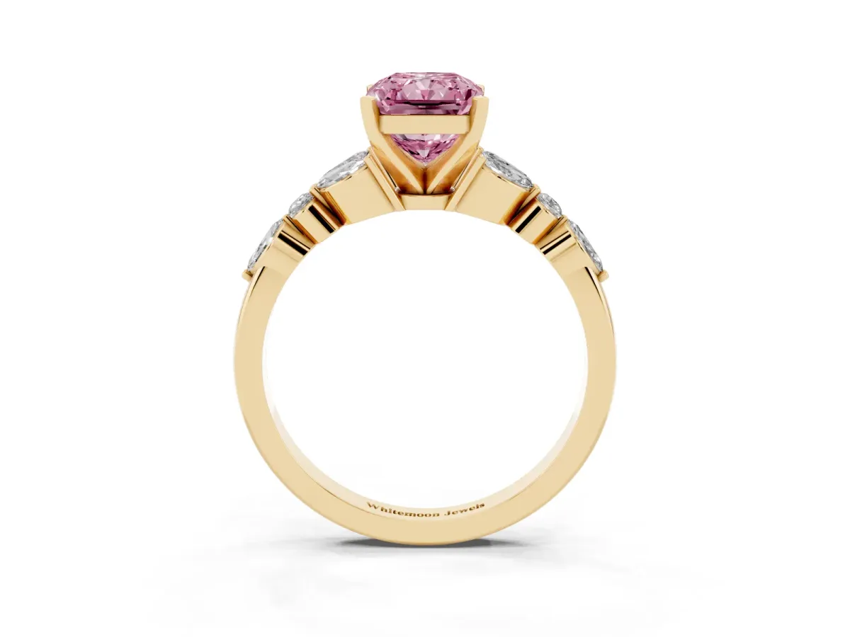 Fancy Pink Radiant Cut Diamond Solitaire Ring with Side Stones and Four-Prong Setting Yellow gold