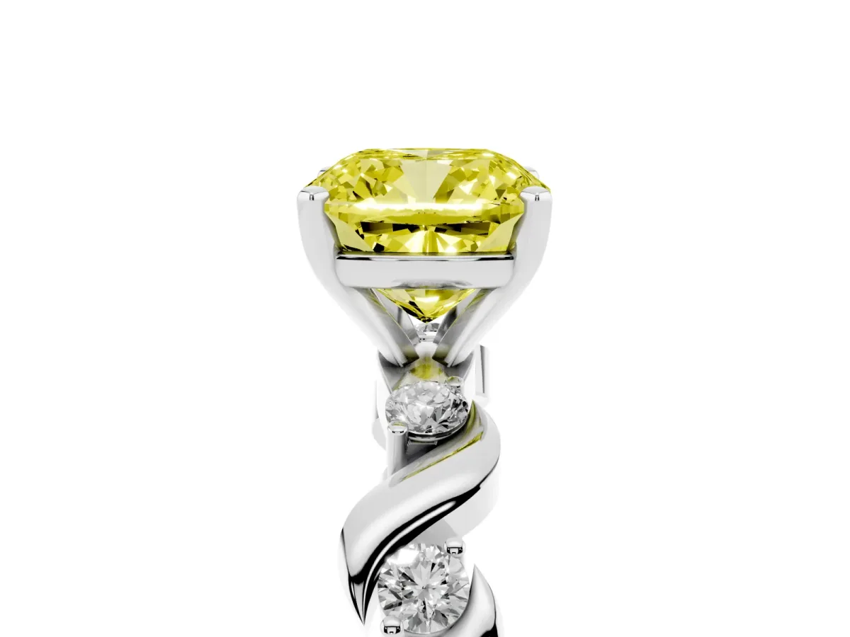 Fancy Yellow Cushion Cut Diamond Solitaire Twisted Band with Round Accents and Prong Setting White gold
