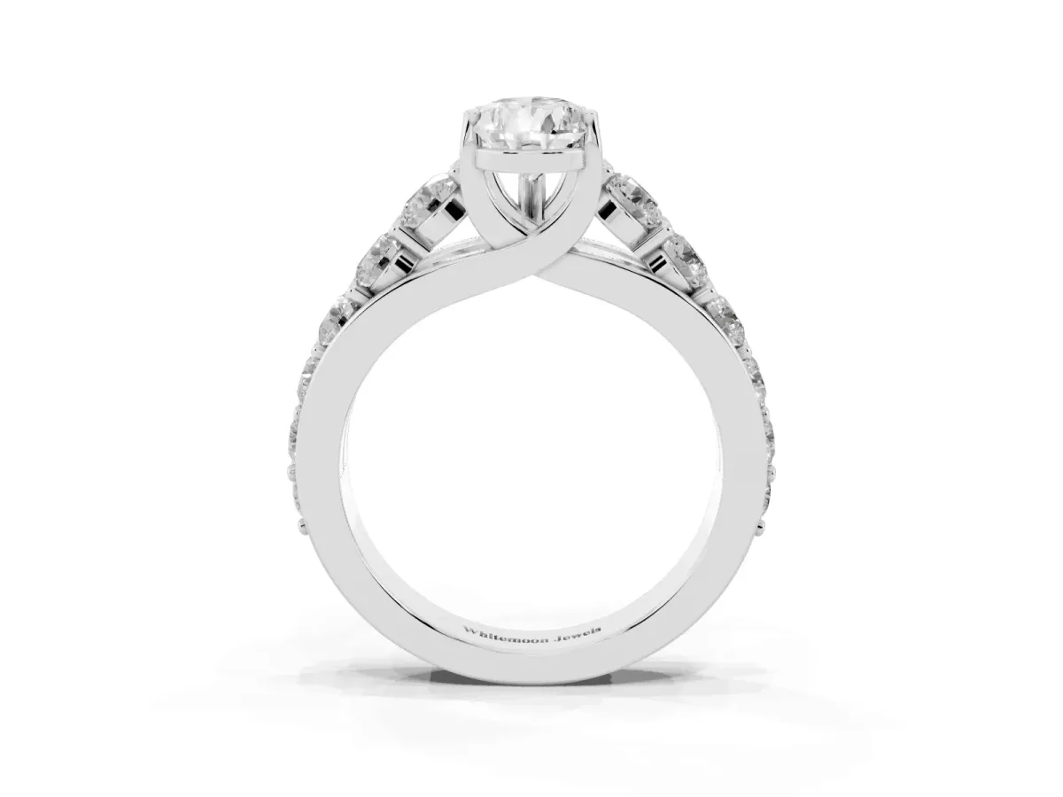 Pear Cut Diamond Engagement Ring with Pavé Band and Four-Prong Setting Platinum