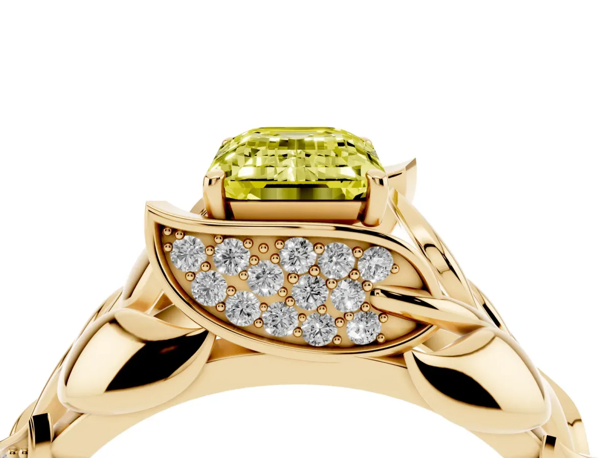Fancy Yellow Emerald Cut Diamond Leaf-Inspired Engagement Ring with Round Accents and Prong Setting Yellow gold