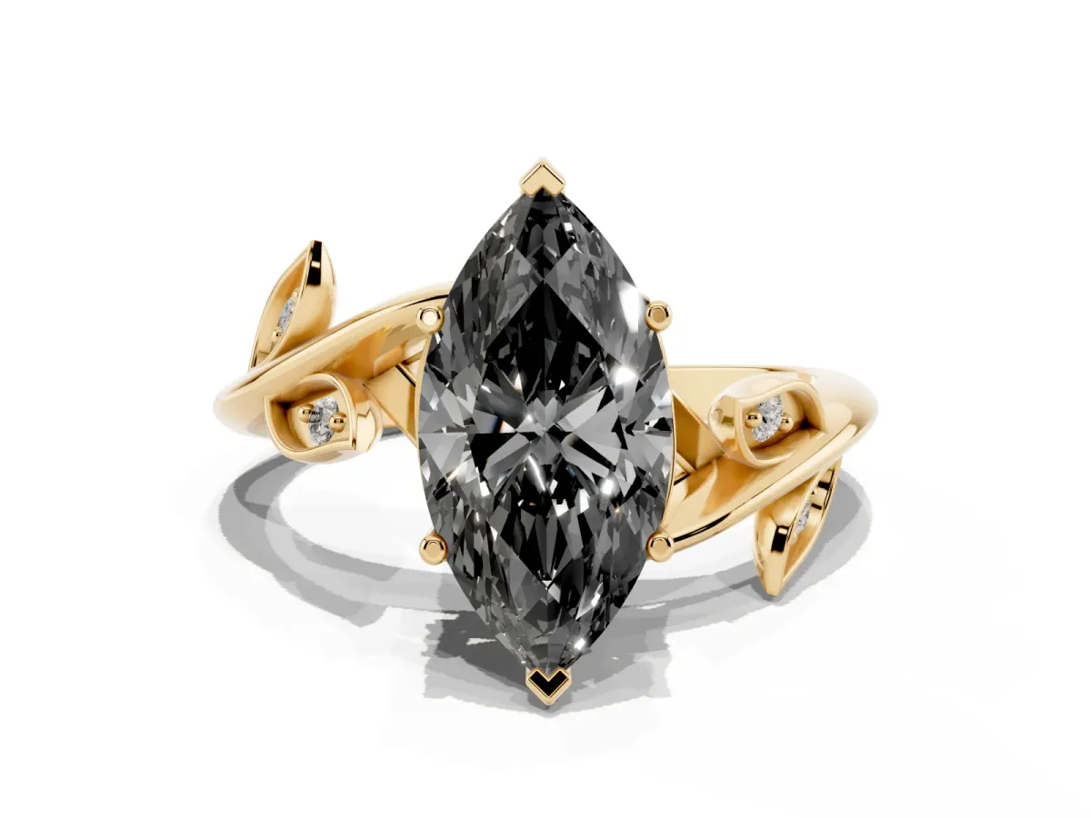 Fancy Black Marquise Cut Solitaire Twist Engagement Ring with Leaf Accents and Prong Setting Yellow gold