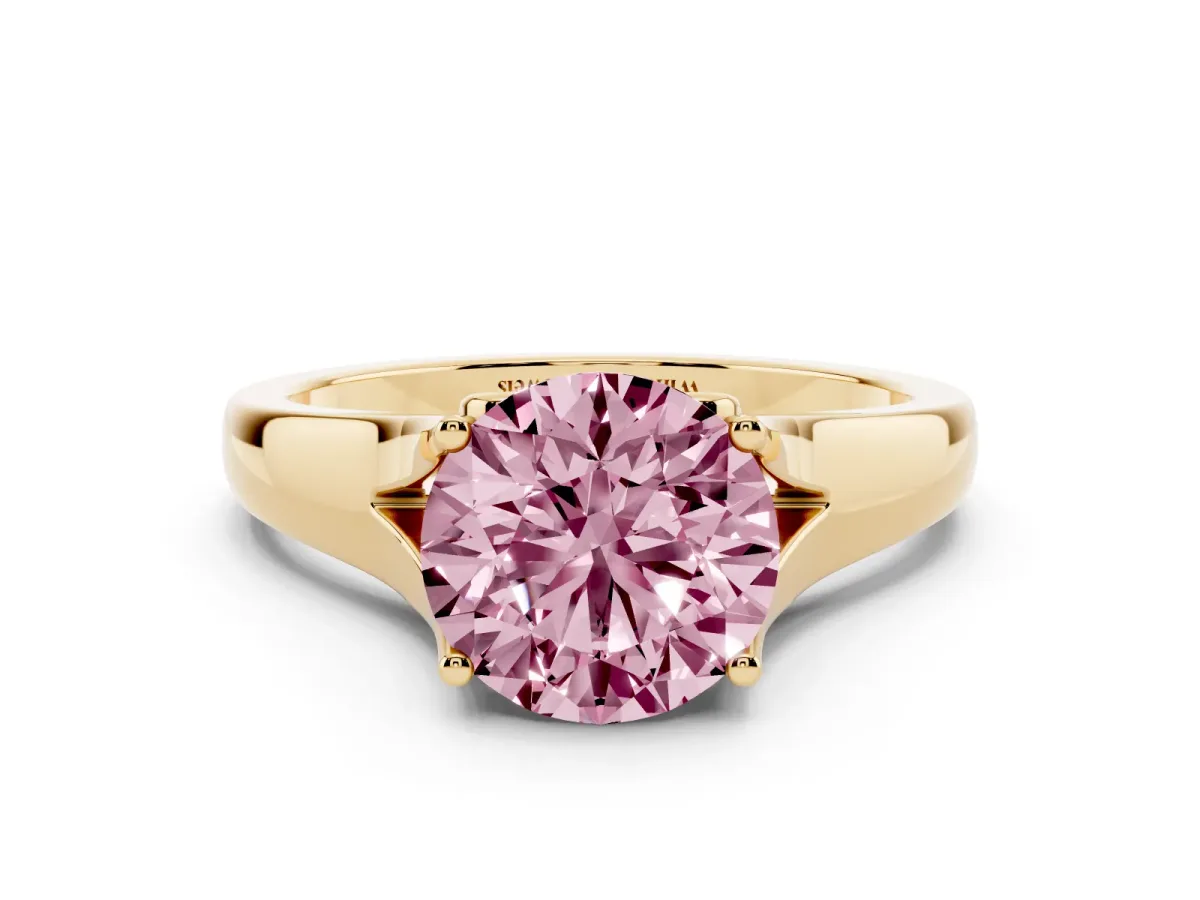 Fancy Pink Round Cut Solitaire Diamond Ring with Cathedral Band and Four-Prong Setting Yellow gold
