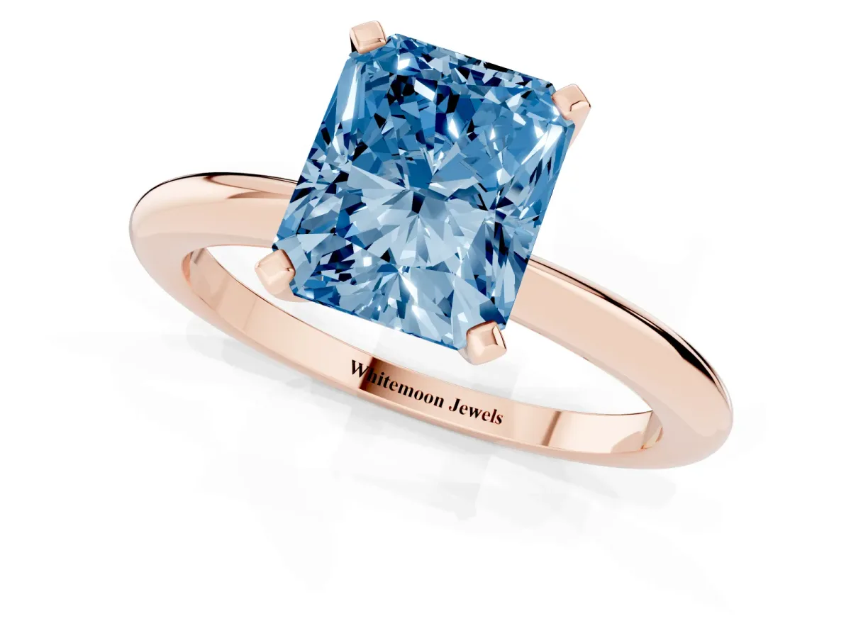 Fancy Blue Radiant Cut Diamond Solitaire Ring with Prong Setting and Classic Band Rose gold