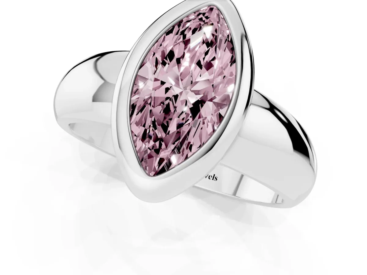 Fancy Pink Bezel Set Marquise Cut Solitaire Ring with Wide Band Platinum