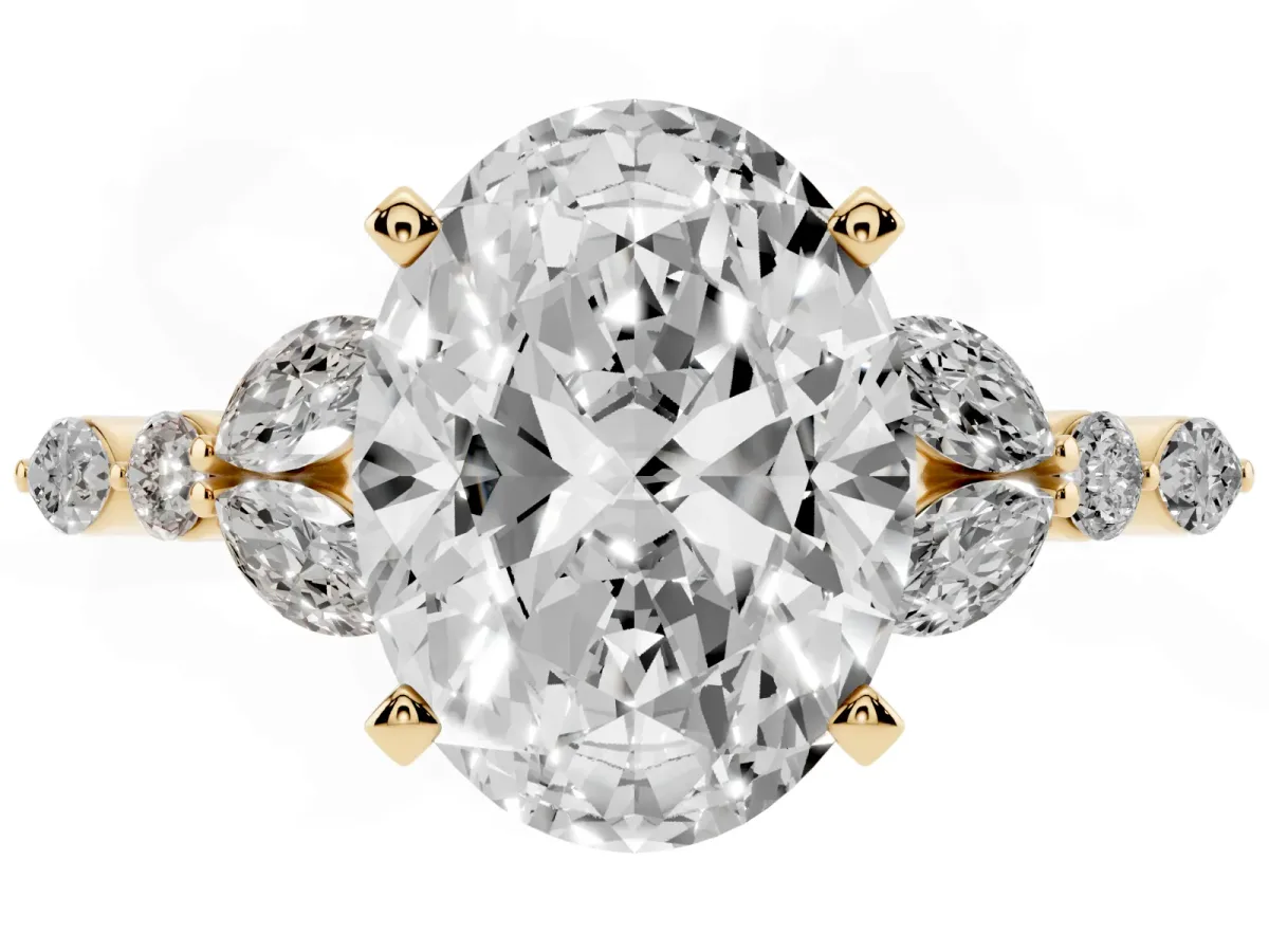 Oval Cut Diamond Solitaire Ring with Side Stones and Four-Prong Setting Yellow gold