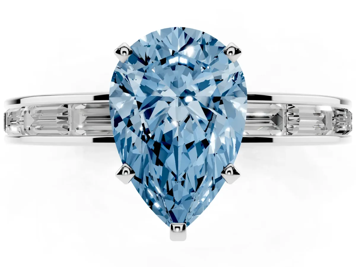 Fancy Blue Pear Cut Solitaire Diamond Ring with Channel-Set Baguette Band and Four-Prong Setting White gold