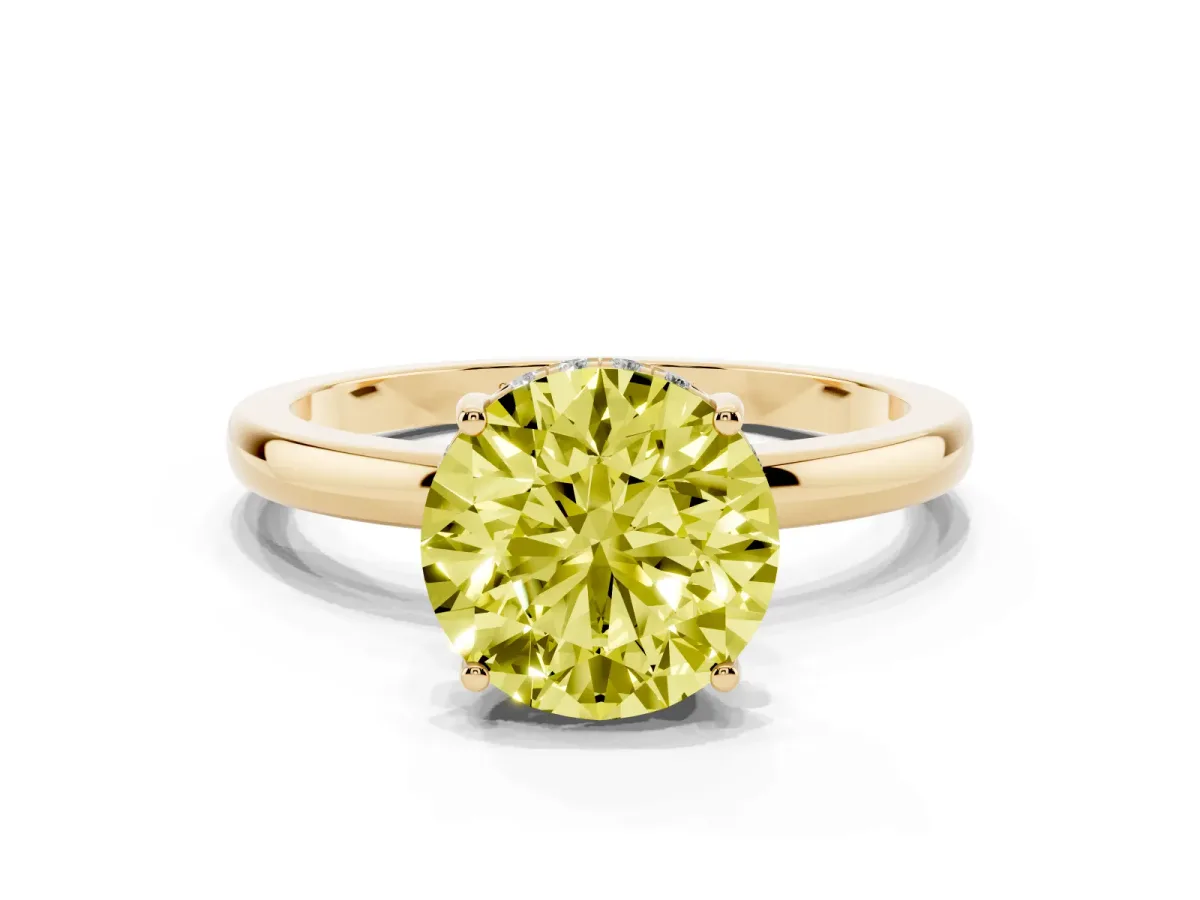 Fancy Yellow Round Cut Solitaire Diamond Ring with Prong Setting and Plain Band Yellow gold