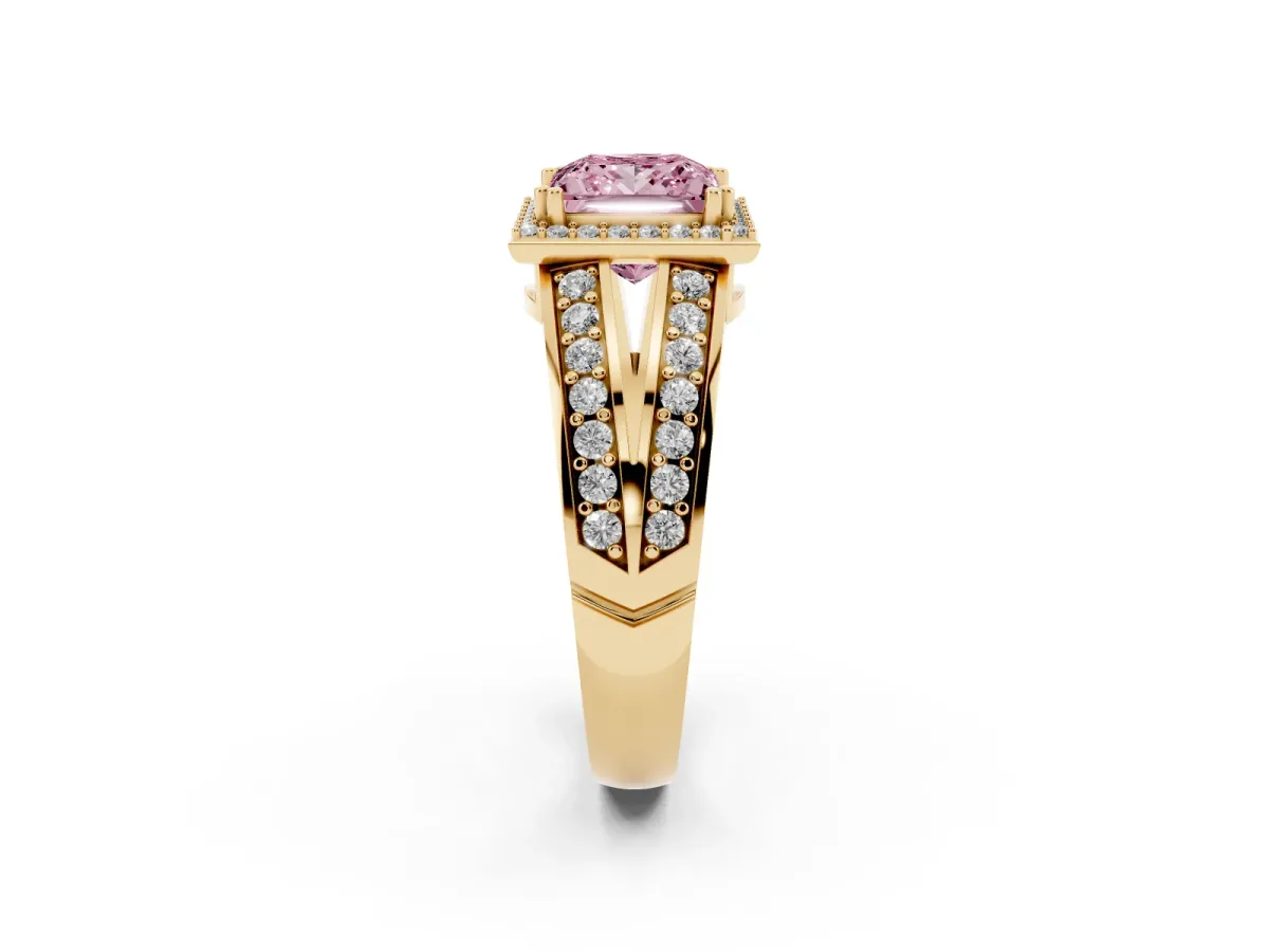 Fancy Pink Princess Cut Diamond Halo Ring with Split Shank Pavé Band and Four-Prong Setting Yellow gold