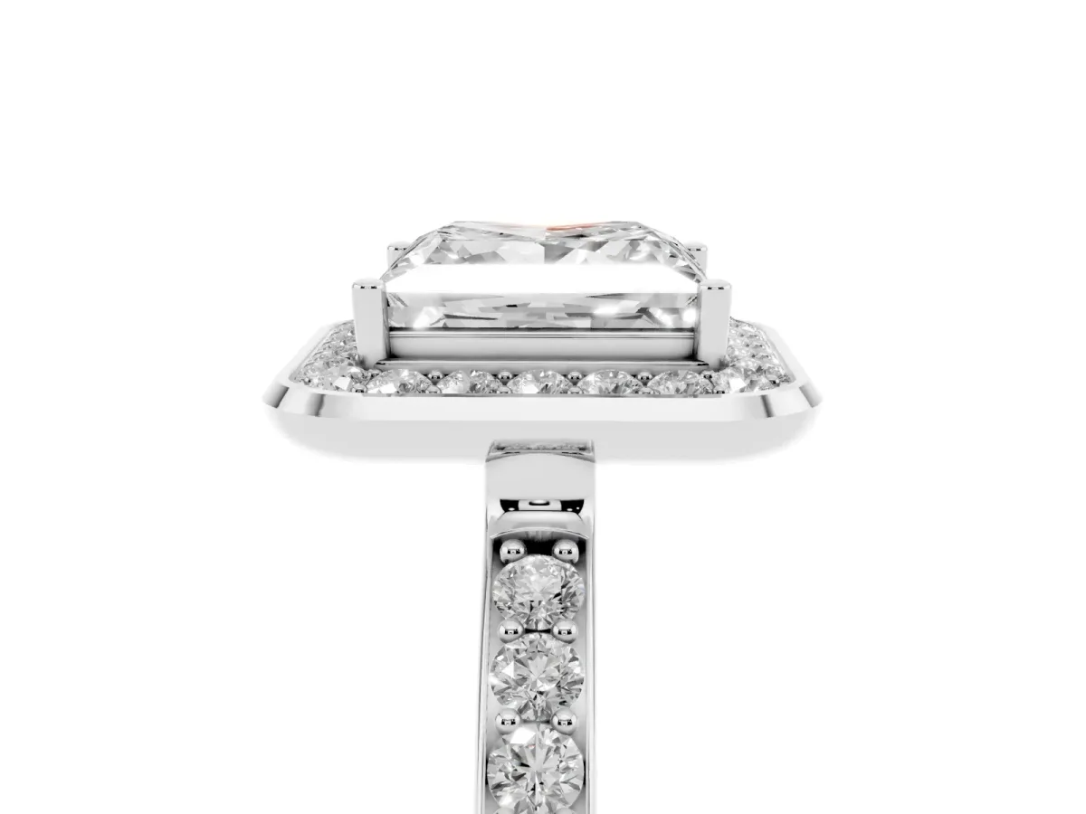 Princess Cut Diamond Halo Ring with Bezel Frame and Pavé Band Silver
