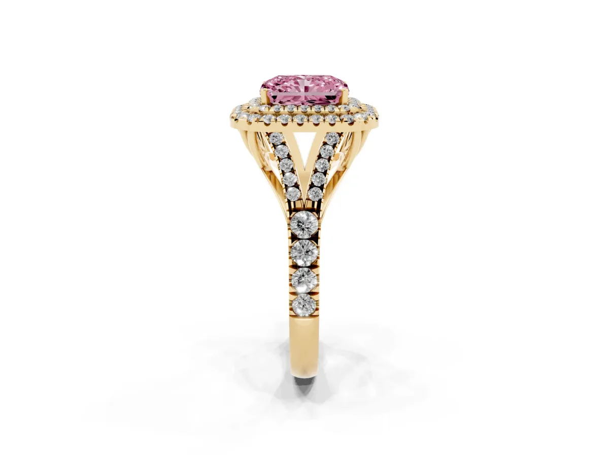 Fancy Pink Double Halo Radiant Cut Diamond Split Shank Engagement Ring with Four-Prong Setting Yellow gold