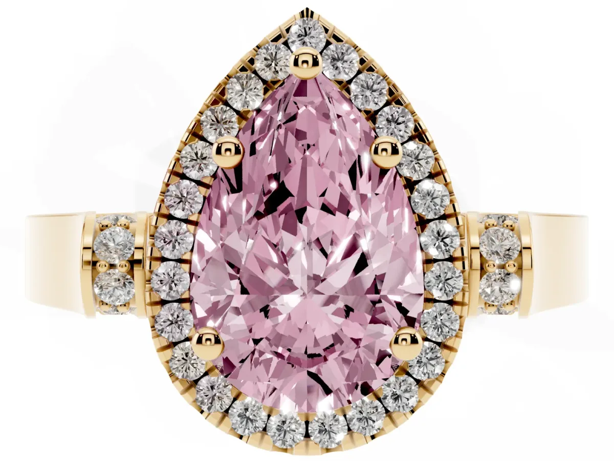 Fancy Pink Pear Cut Halo Pave Split Shank Prong Setting Ring Yellow gold