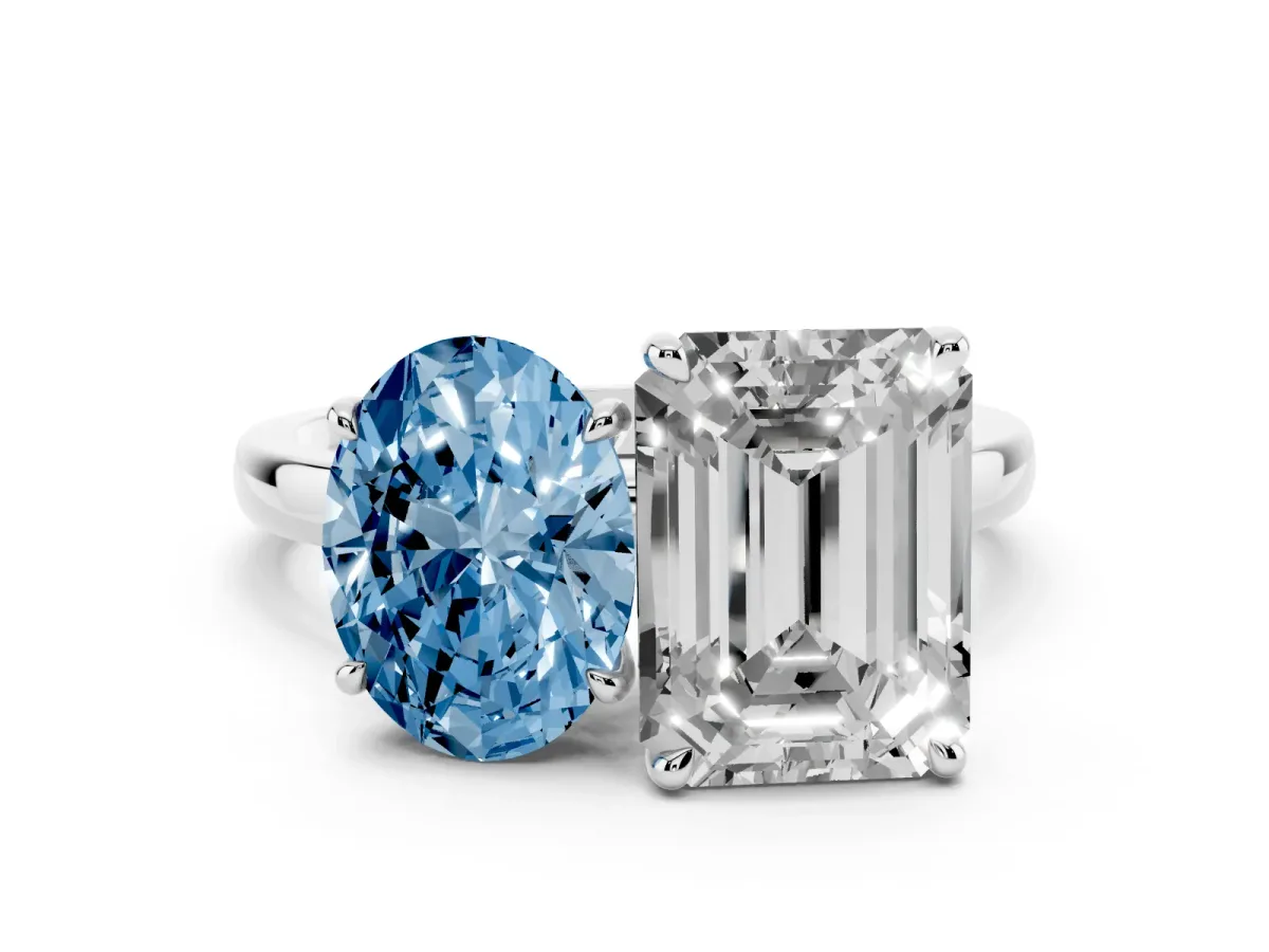 Fancy Blue Oval Cut and Emerald Cut Toi Moi Ring with Prong Setting Silver