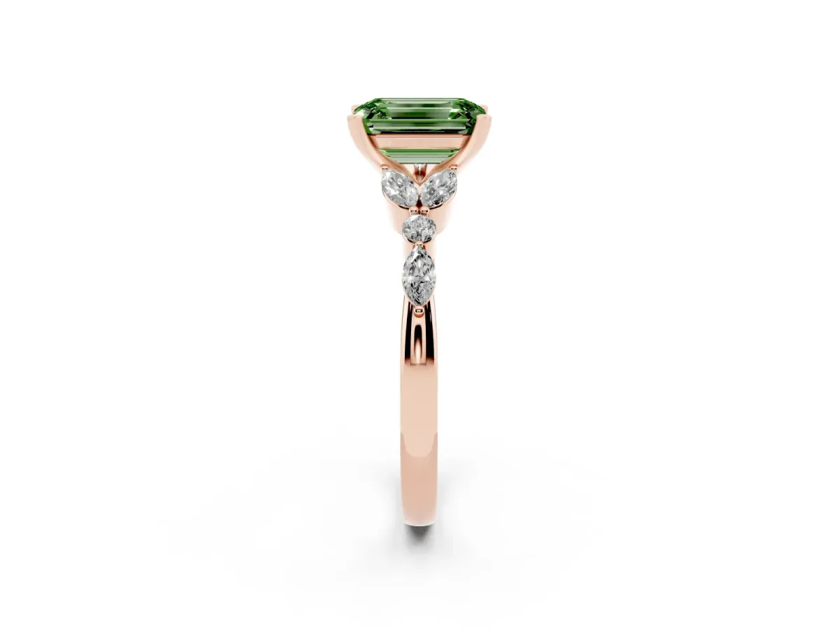 Fancy Green Emerald Cut Diamond Solitaire Ring with Side Stones and Four-Prong Setting Rose gold