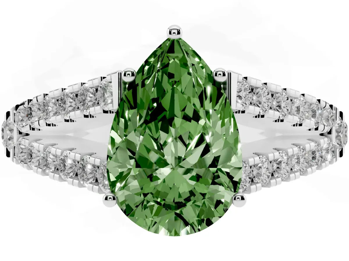 Fancy Green Pear Cut Diamond Split Shank Engagement Ring with Round Pavé and Prong Setting Platinum