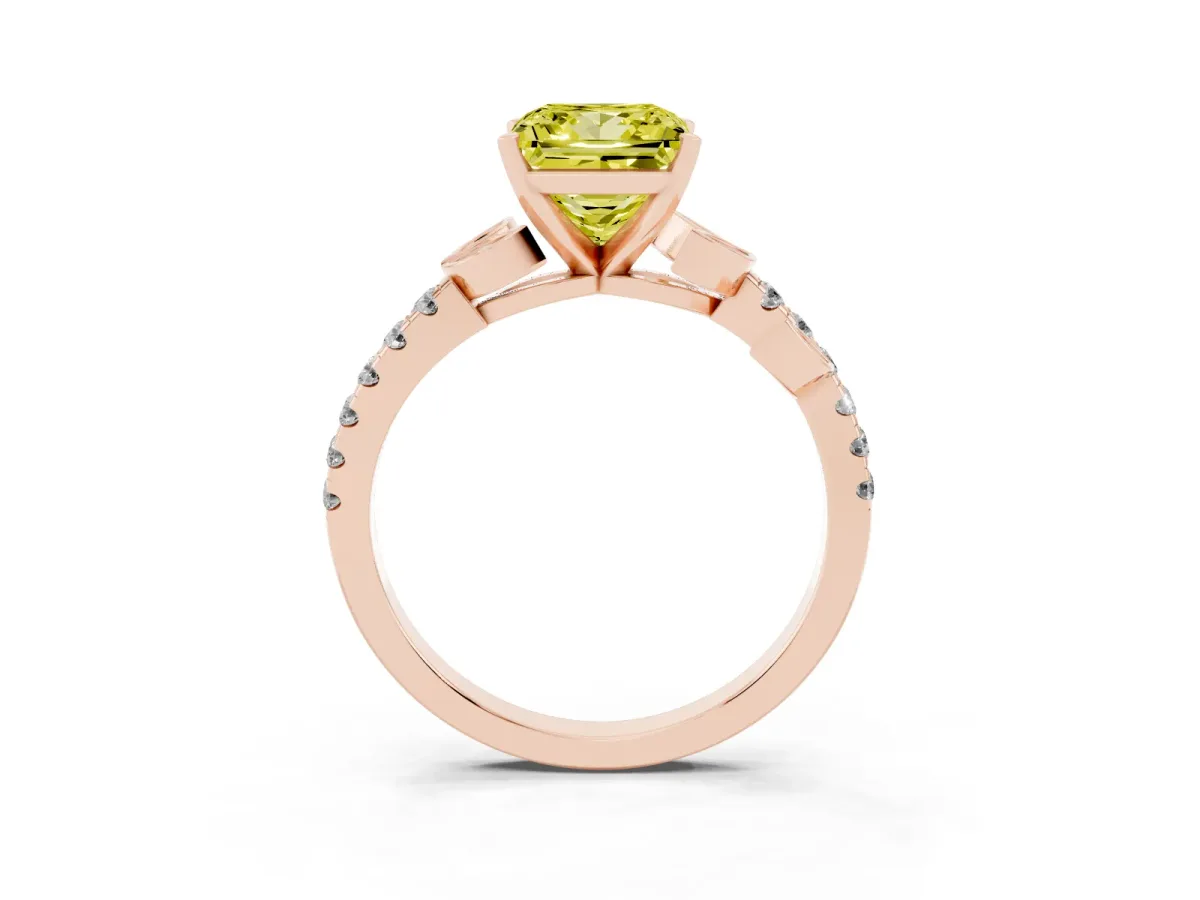 Fancy Yellow Princess Cut Solitaire Leaf-Inspired Diamond Ring with Pavé Band and Four-Prong Setting Rose gold