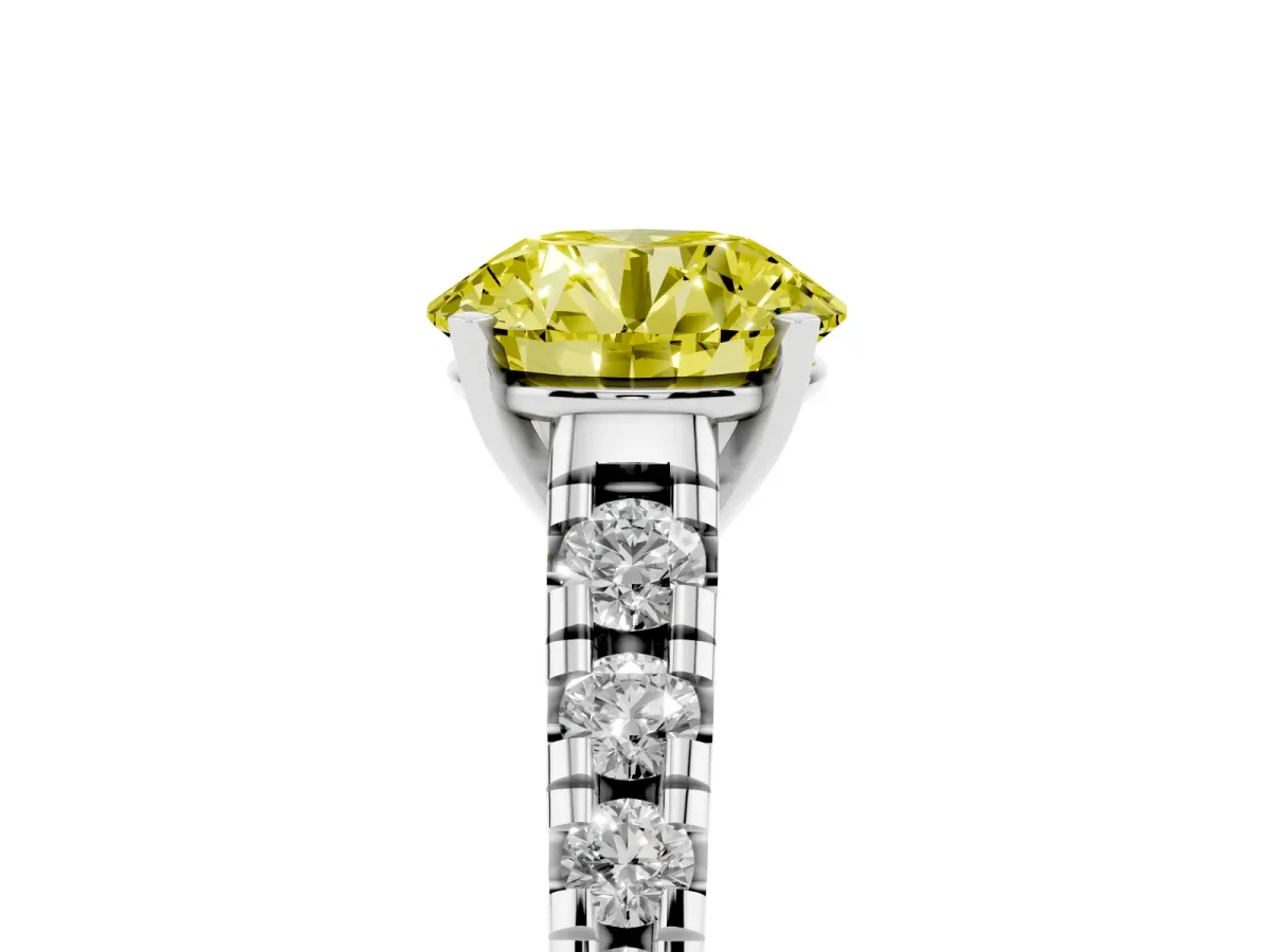 Fancy Yellow Round Cut Diamond Cathedral Solitaire Ring with Round Pavé Band Silver