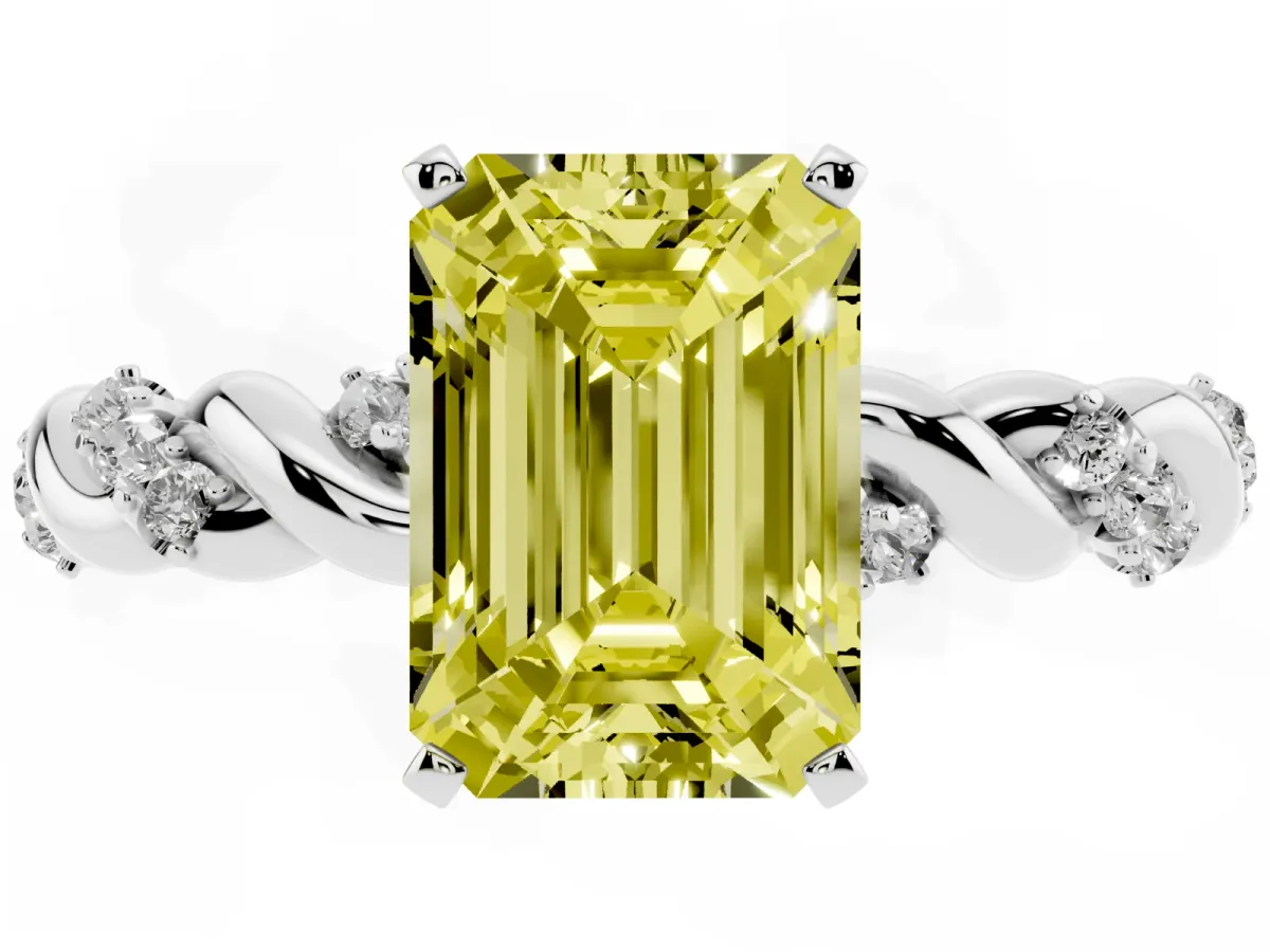 Fancy Yellow Emerald Cut Diamond Solitaire Ring with Twisted Band and Pavé Accents Platinum