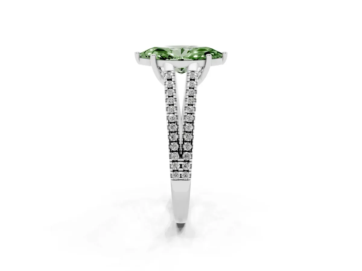 Fancy Green Marquise Cut Diamond Solitaire Engagement Ring with Split Shank Pavé Band Silver