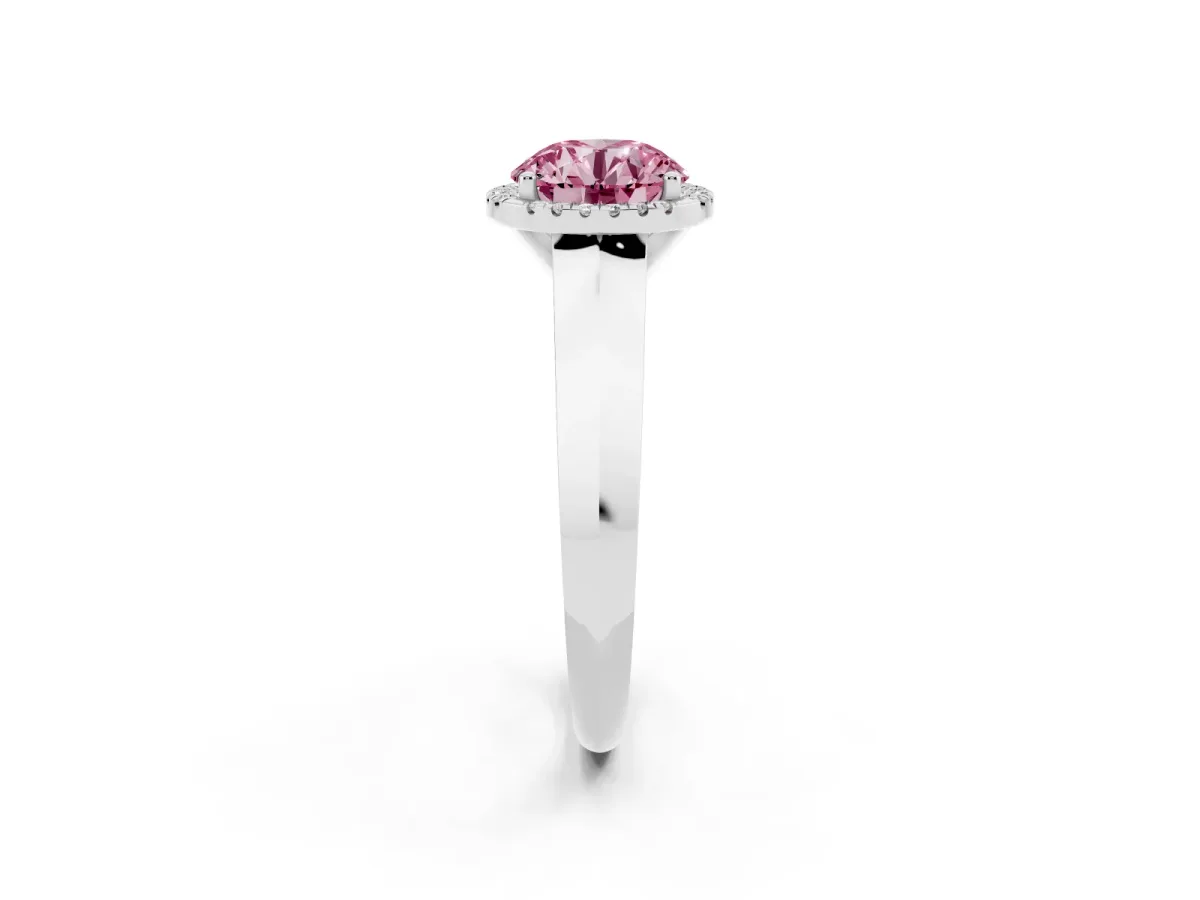 Fancy Pink Round Cut Halo Diamond Ring with Cathedral Band and Four-Prong Setting White gold