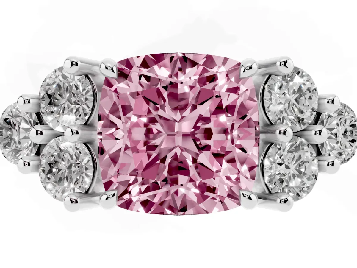 Fancy Pink Cushion Cut Brilliant Diamond Cluster Accent Solitaire Ring with Prong Setting Silver