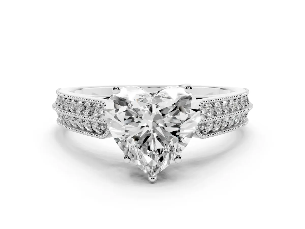 Heart Cut Cut Pave Split Shank Engagement Ring with Four-Prong Setting Silver