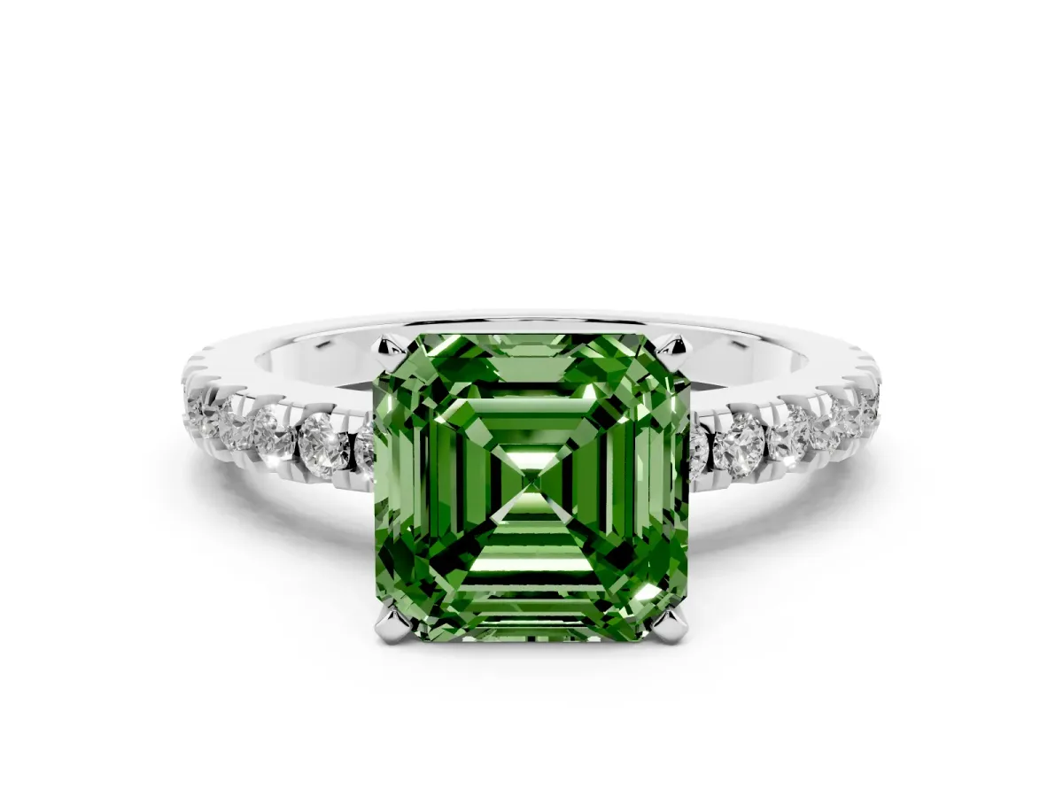 Fancy Green Asscher Cut Solitaire Diamond with Pavé Band and Four-Prong Setting White gold
