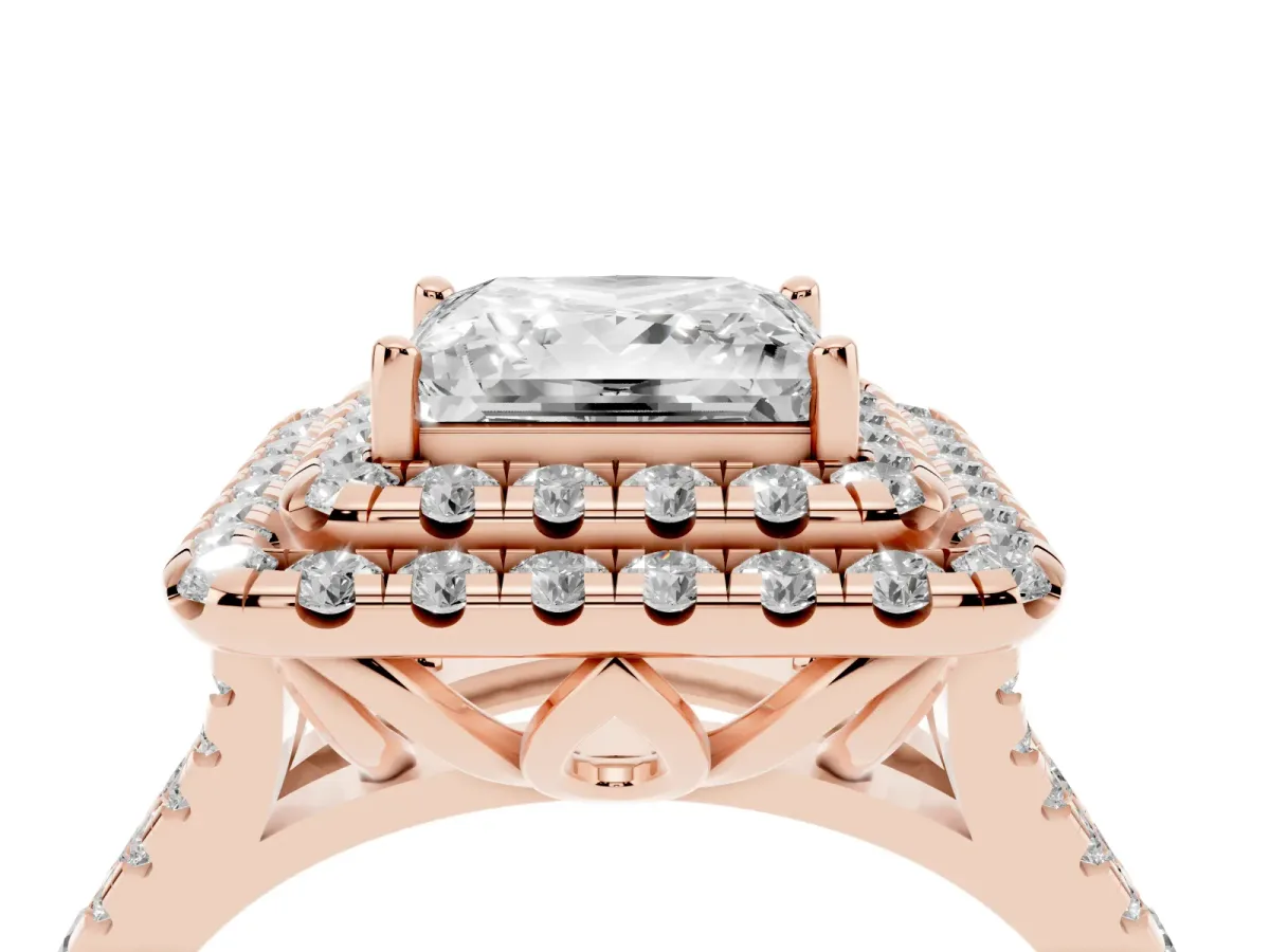 Double Halo Princess Cut Diamond Pavé Split Shank Ring with Prong Setting Rose gold