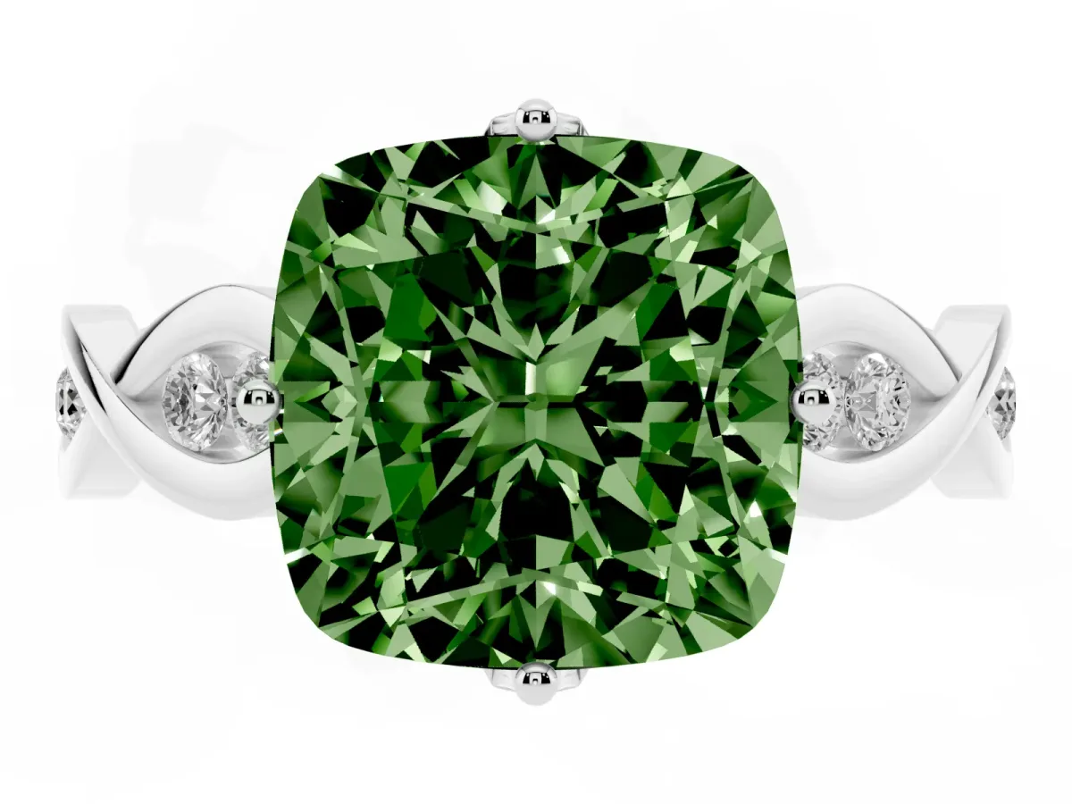 Fancy Green Cushion Cut Solitaire Twist Band with Leaf Prong Setting Silver